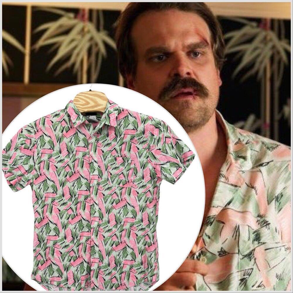 Stranger Things 5XL Pink & Green Short Sleeve Button Up Men's Jim Hopper Shirt